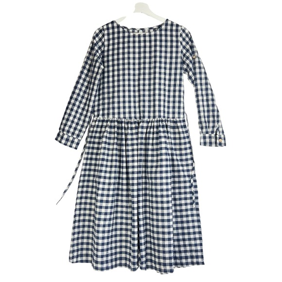 Dresses & Skirts - Navy Blue White Gingham Checkered Linen Blend Midi Dress Lagenlook Tie Back